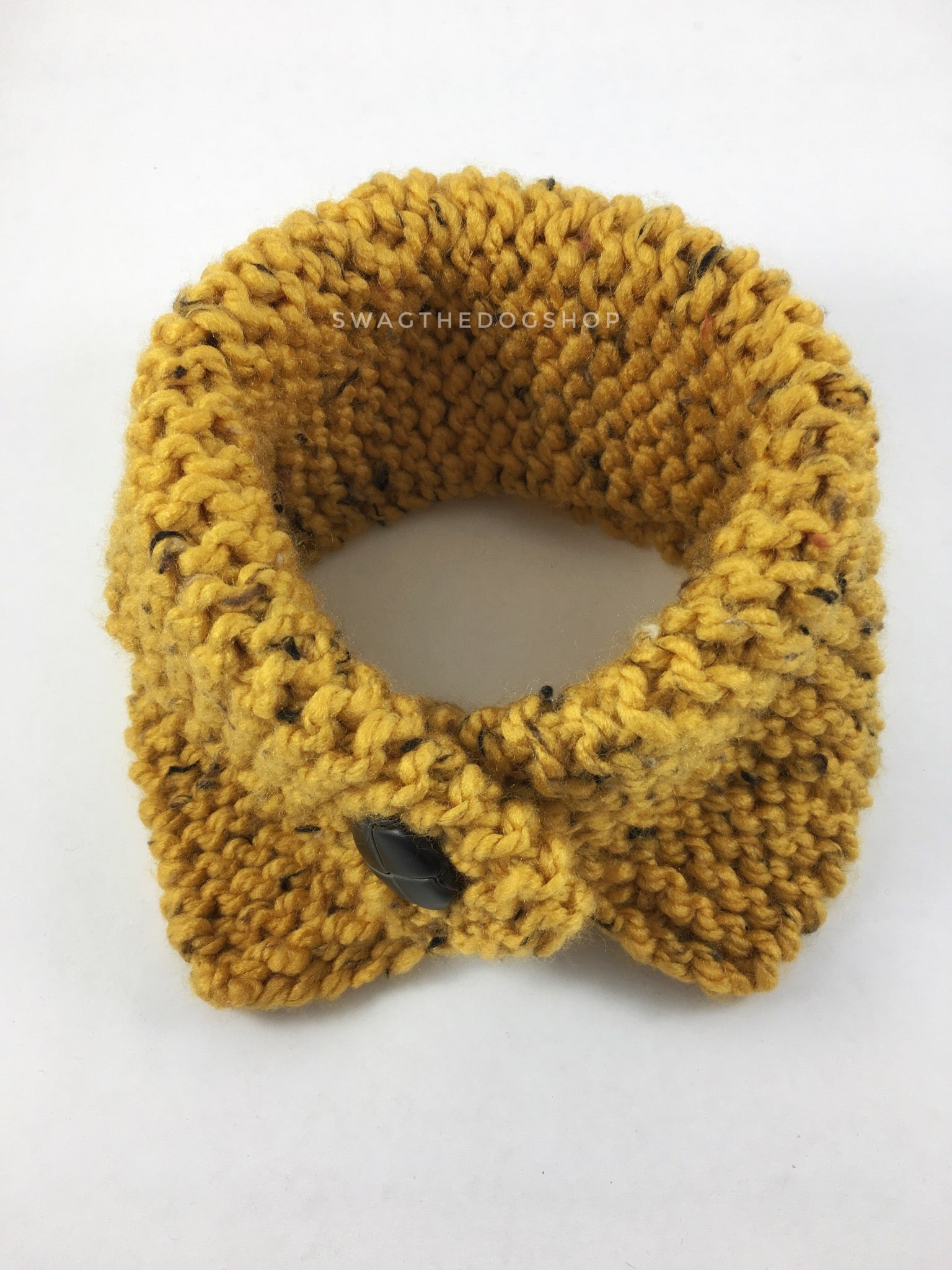 Honey Mustard Tweed Swagsnood - Product Above View. Honey Mustard Color with Black Speck Tweed Dog Snood with Accent Button