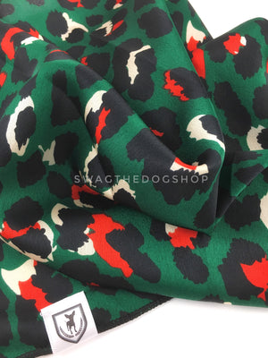 Fierce Forest Green with Red Swagdana Scarf - Close-up View of Product. Dog Bandana. Dog Scarf