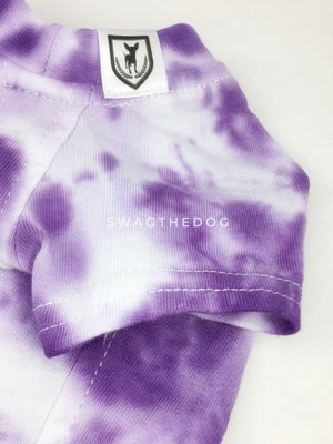 Swagadelic Purple Tie Dye Tee - Close-up of product front view. The hand tie-dyed tee with Purple