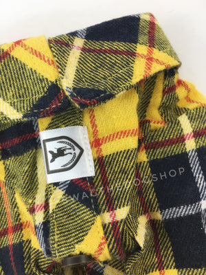 Bumble Bee Plaid Shirt - Product Close Up View of Label and Collar. Yellow and Black Plaid Shirt