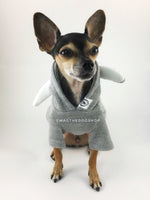 Gray Bunny Hoodie - Full Front View of Cute Chihuahua Dog Wearing Hoodie. Gray Bunny Hoodie with Pom Pom Tail