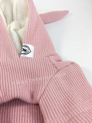 Pink Bunny Hoodie - Close Up of Label View. Pink Bunny Hoodie with Pom Pom Tail
