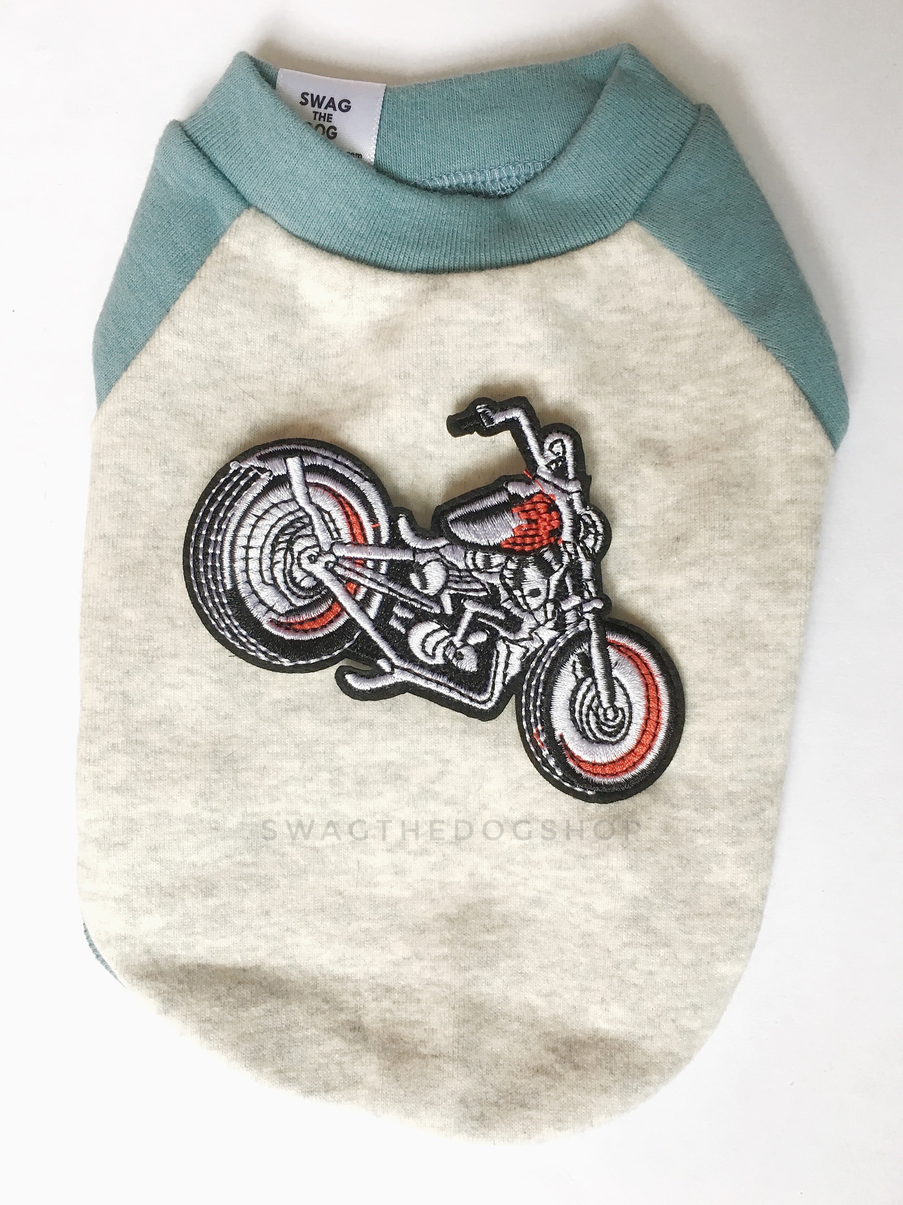 Baby Blue and Gray Centerfield Tees T-Shirt - Patch Add-on of Motorcycle. Baby Blue and Gray T-Shirt