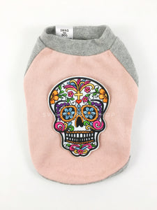 Pink and Gray Centerfield Tees T-Shirt - Patch Add-on of Day of Dead Skull. Pink and Gray T-Shirt