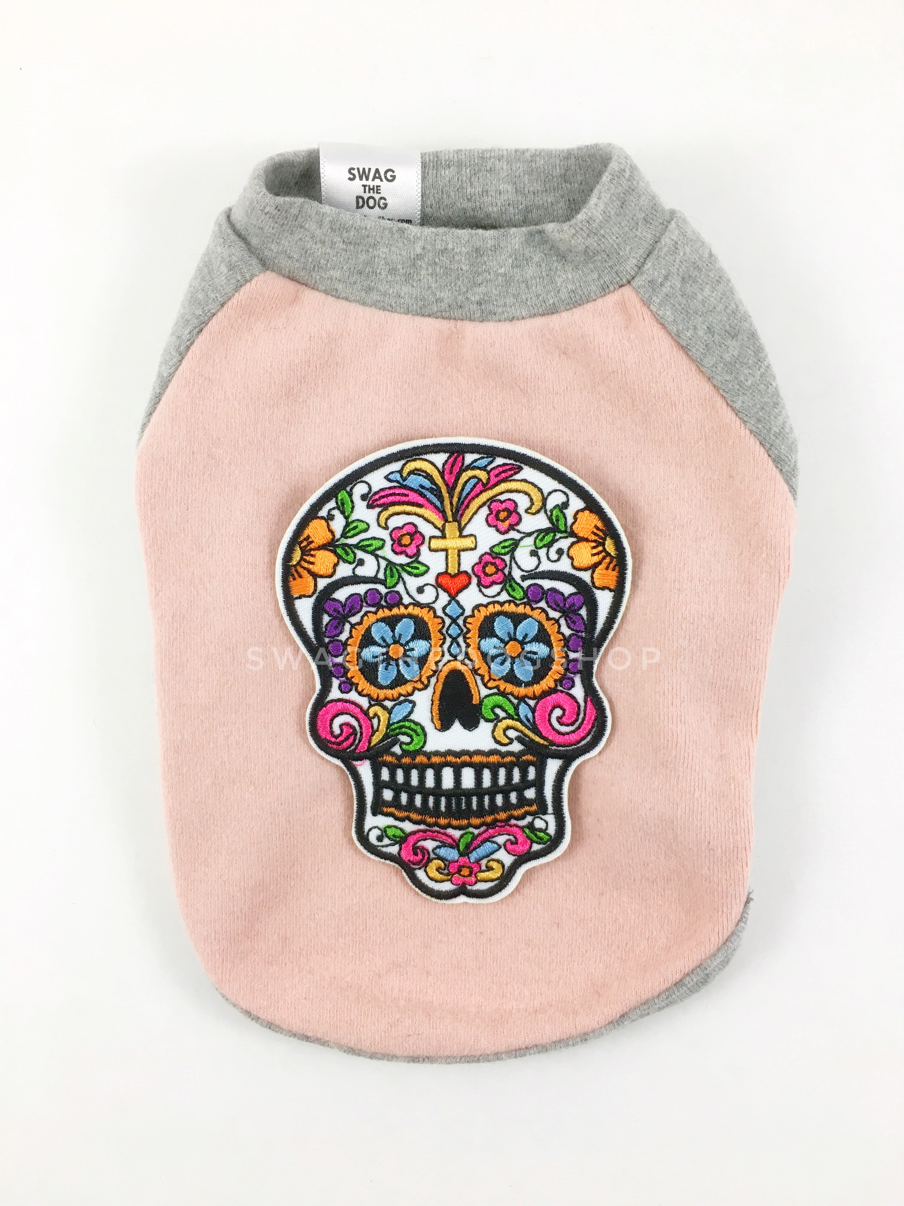 Pink and Gray Centerfield Tees T-Shirt - Patch Option of Day of Dead Skull. Pink and Gray T-Shirt