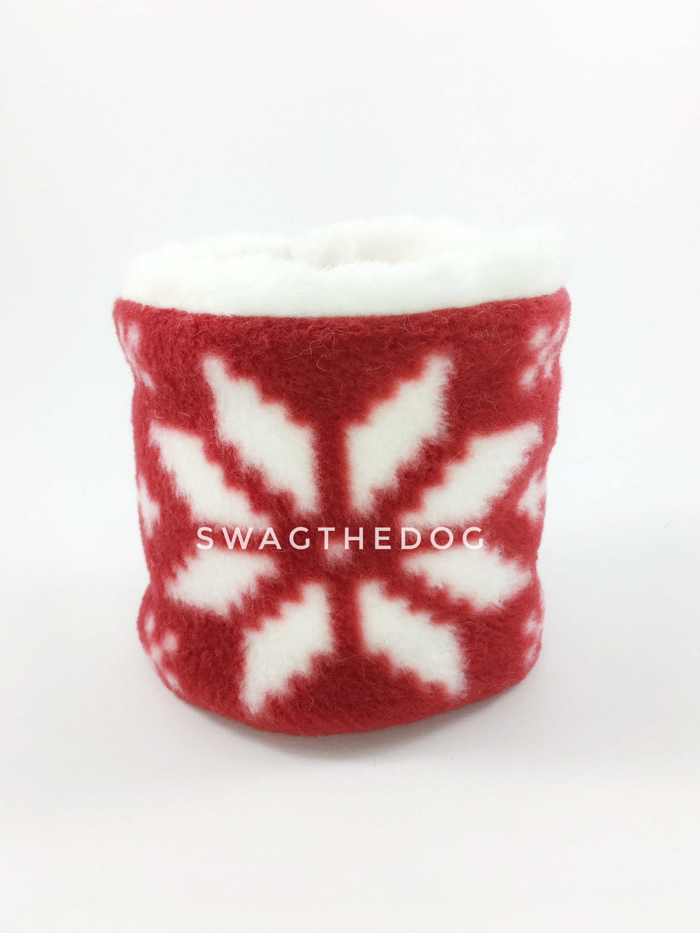 Red Holiday Swagsnood - Product Front View. Snowflake Print Fleece Dog Snood and cream faux fur peeking out
