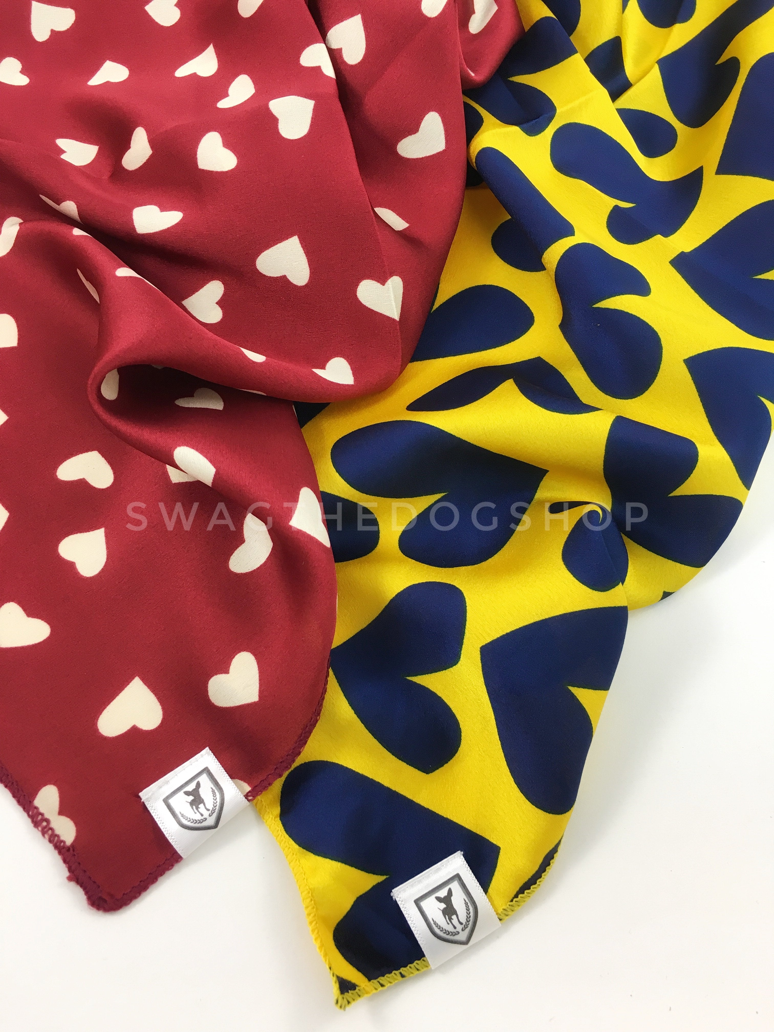 Take an advantage of 3 for $30. 2 Full of Heart Swagdana Scarves displayed. Left-Full of Heart Burgundy Cream. Right-Full of Heart Royal Yellow. Dog Bandana. Dog Scarf. 