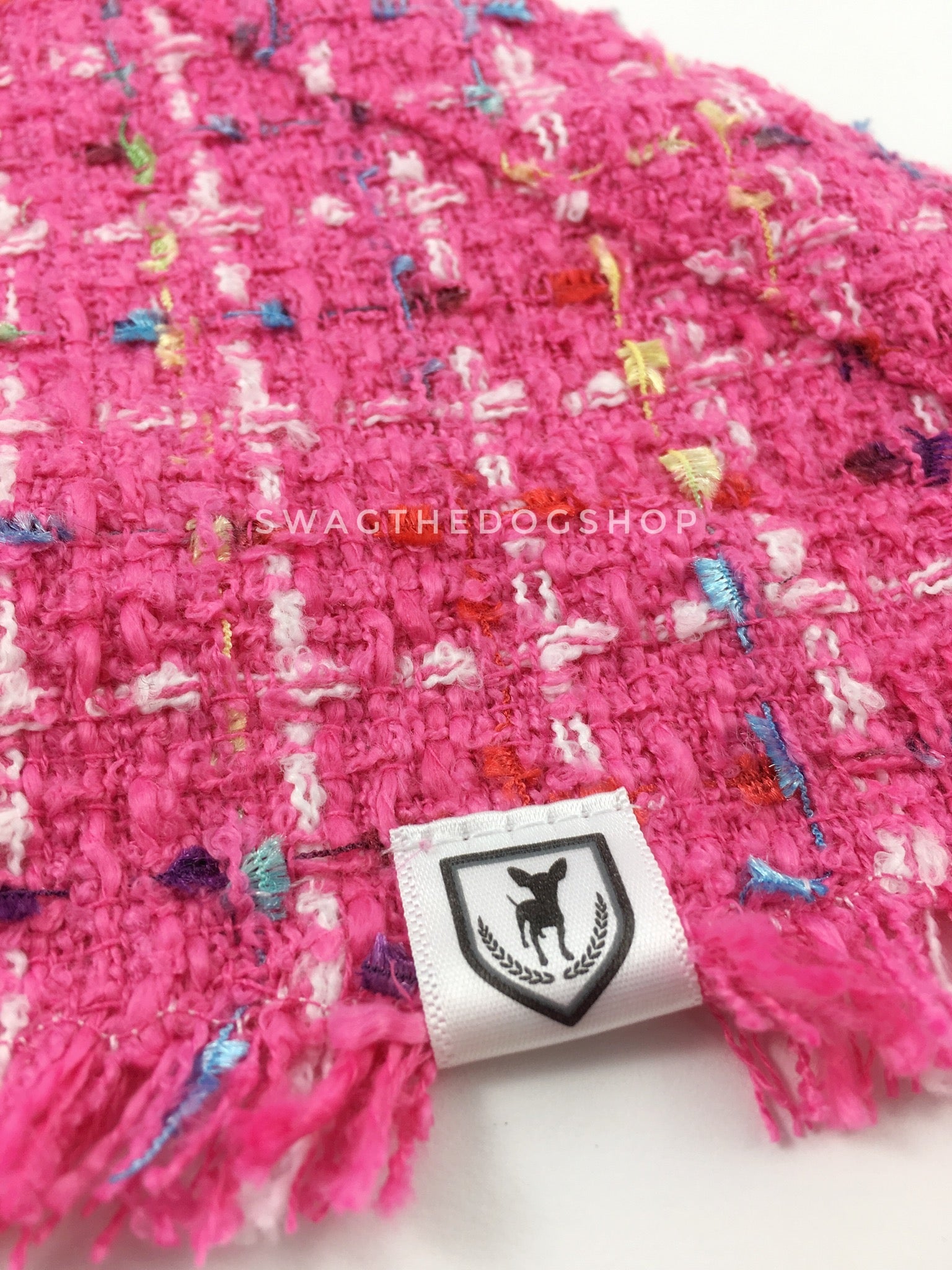 Hot Pink Tweed Swagdana with Frayed Edges - Close-up View of Product. Dog Bandana. Dog Scarf.