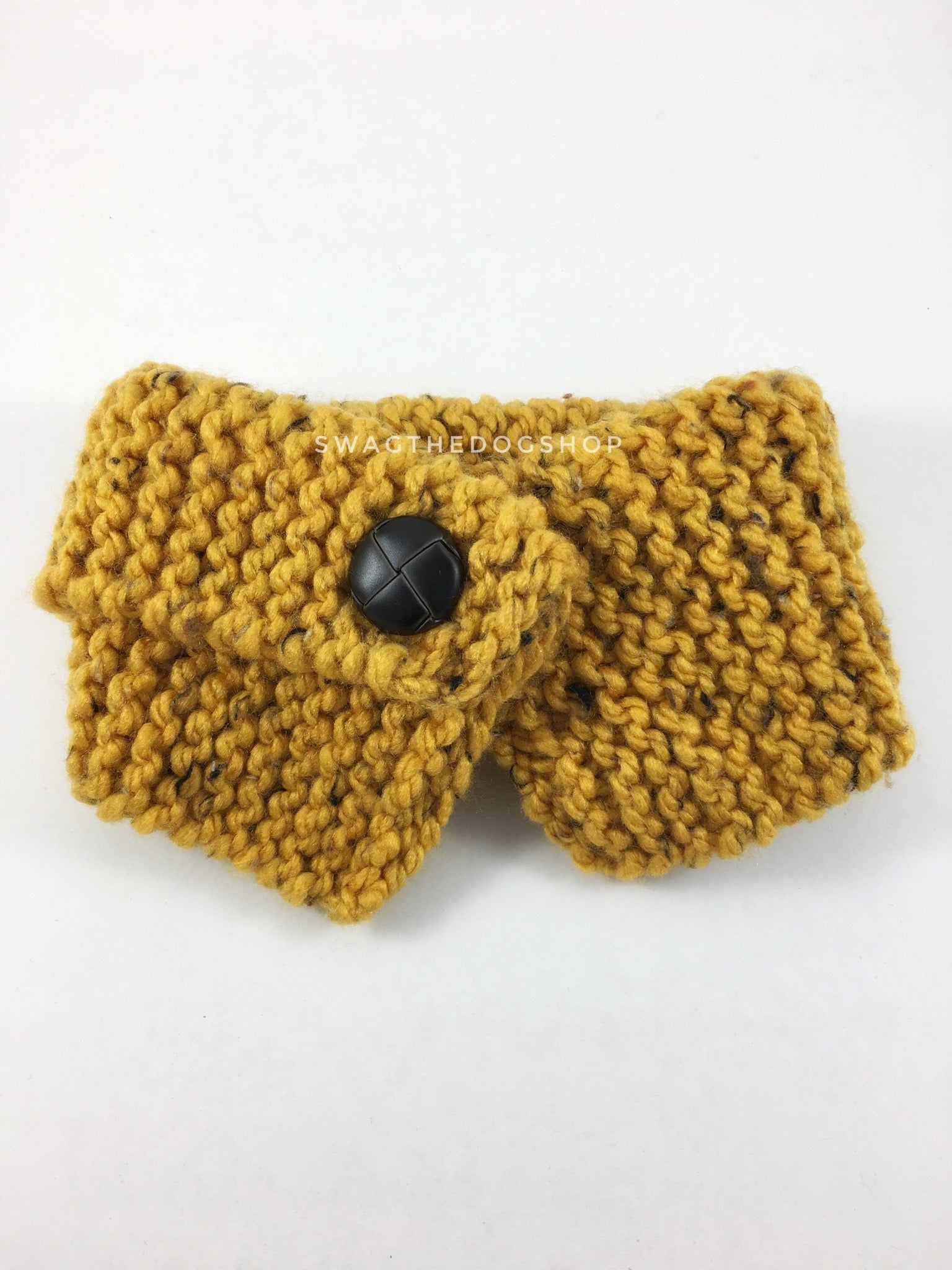 Honey Mustard Tweed Swagsnood - Product Front View. Honey Mustard Color with Black Speck Tweed Dog Snood with Accent Button