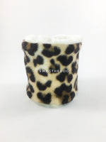 Leopard Swagsnood - Product Front View. Leopard print fleece Dog Snood and cream faux fur peeking out