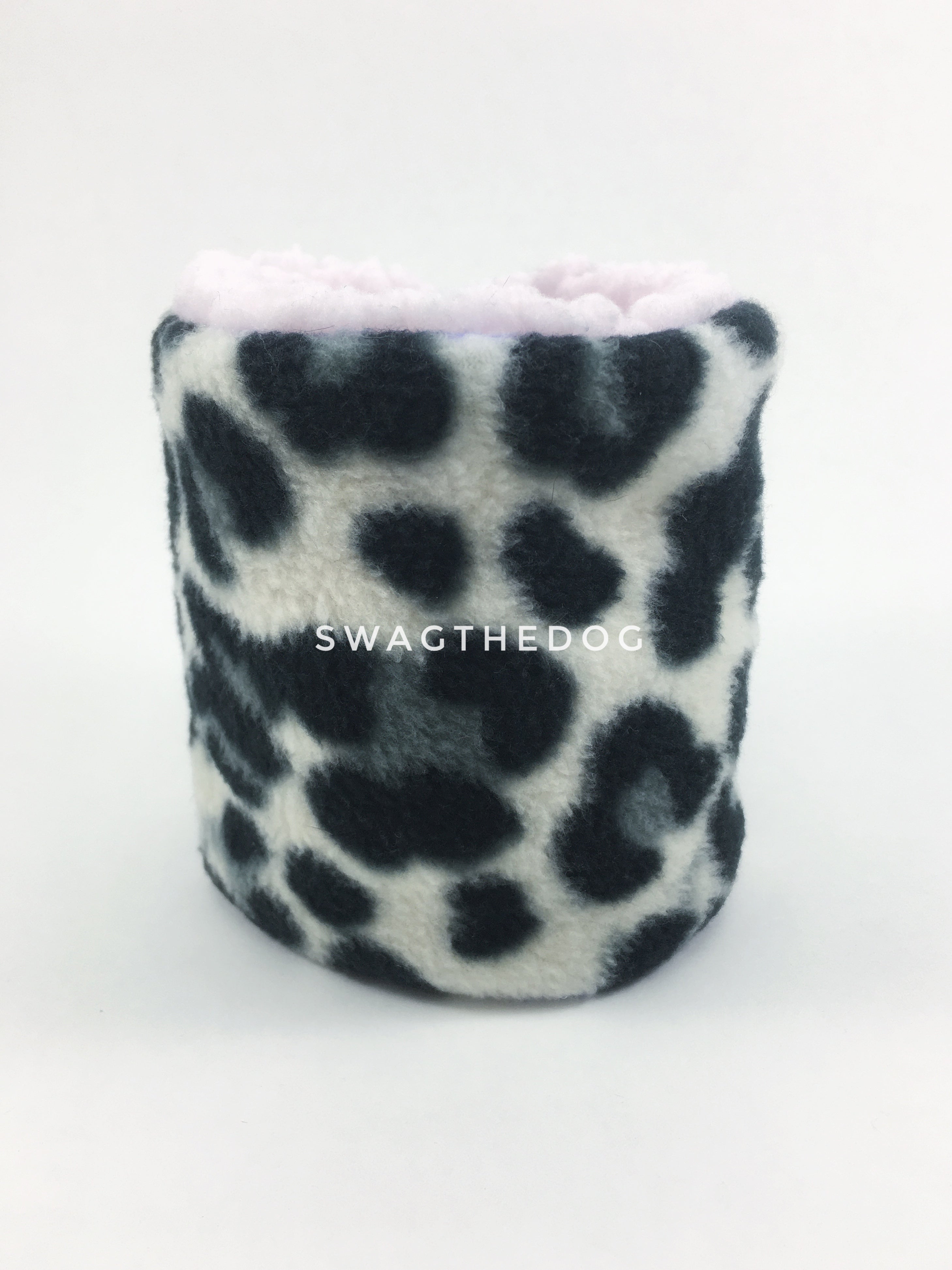 Gray Snow Leopard Swagsnood - Product Front View. Gray snow leopard print fleece Dog Snood and pink sherpa peeking out