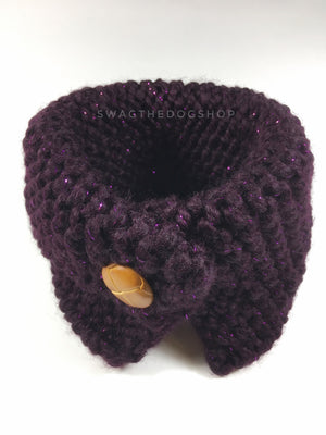 Galaxy Sparkle Swagsnood - Product Above View. Dark Purple with Sparkle Thread Color Dog Snood with Accent Button