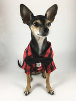 Kenora Summer Shirt - Full Front View of Cute Chihuahua Dog Wearing Shirt with Bowtie. Black and Red Gingham Shirt