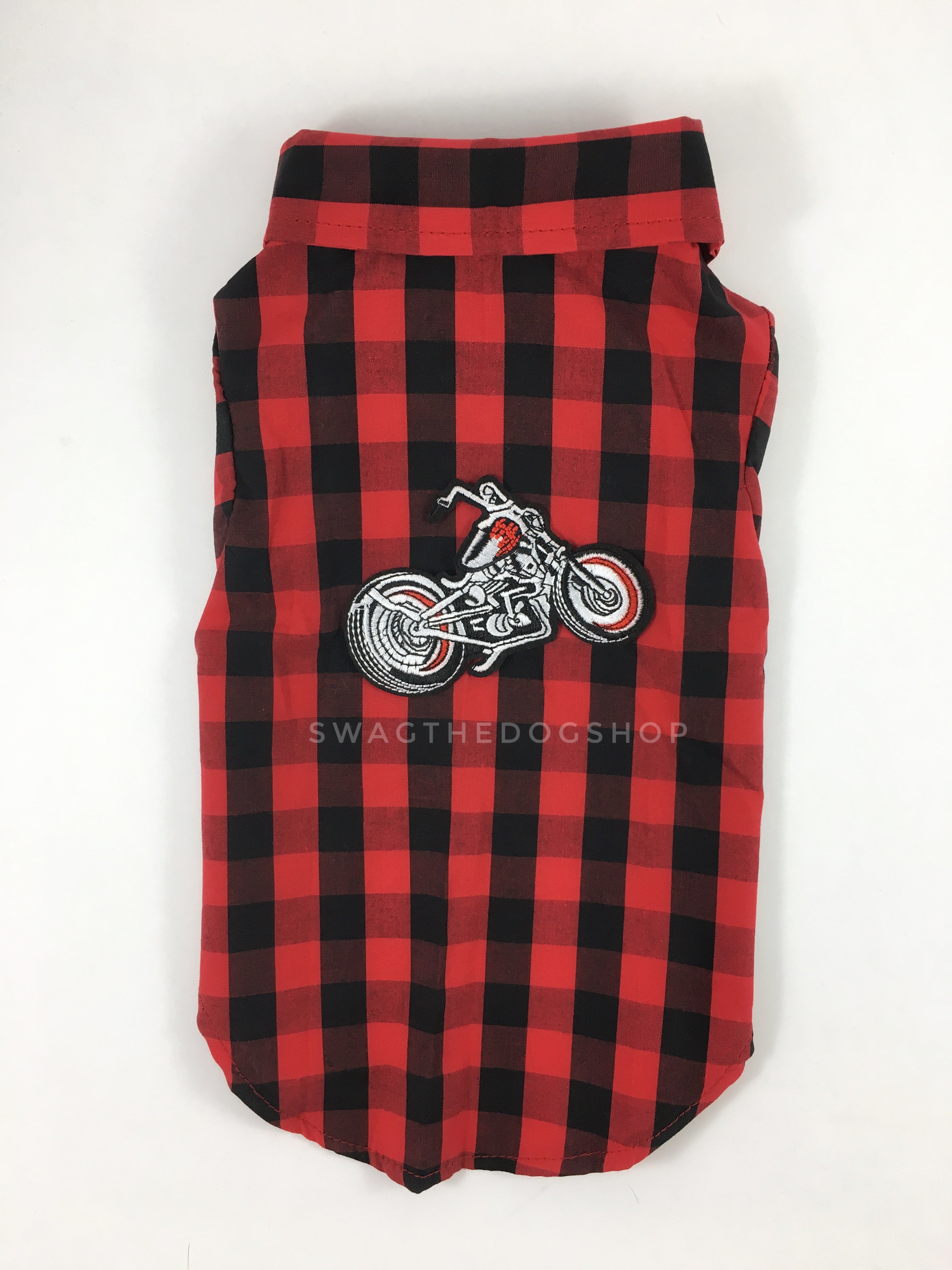 Kenora Summer Shirt - Patch Option of Motorcycle on the Back. Black and Red Gingham Shirt