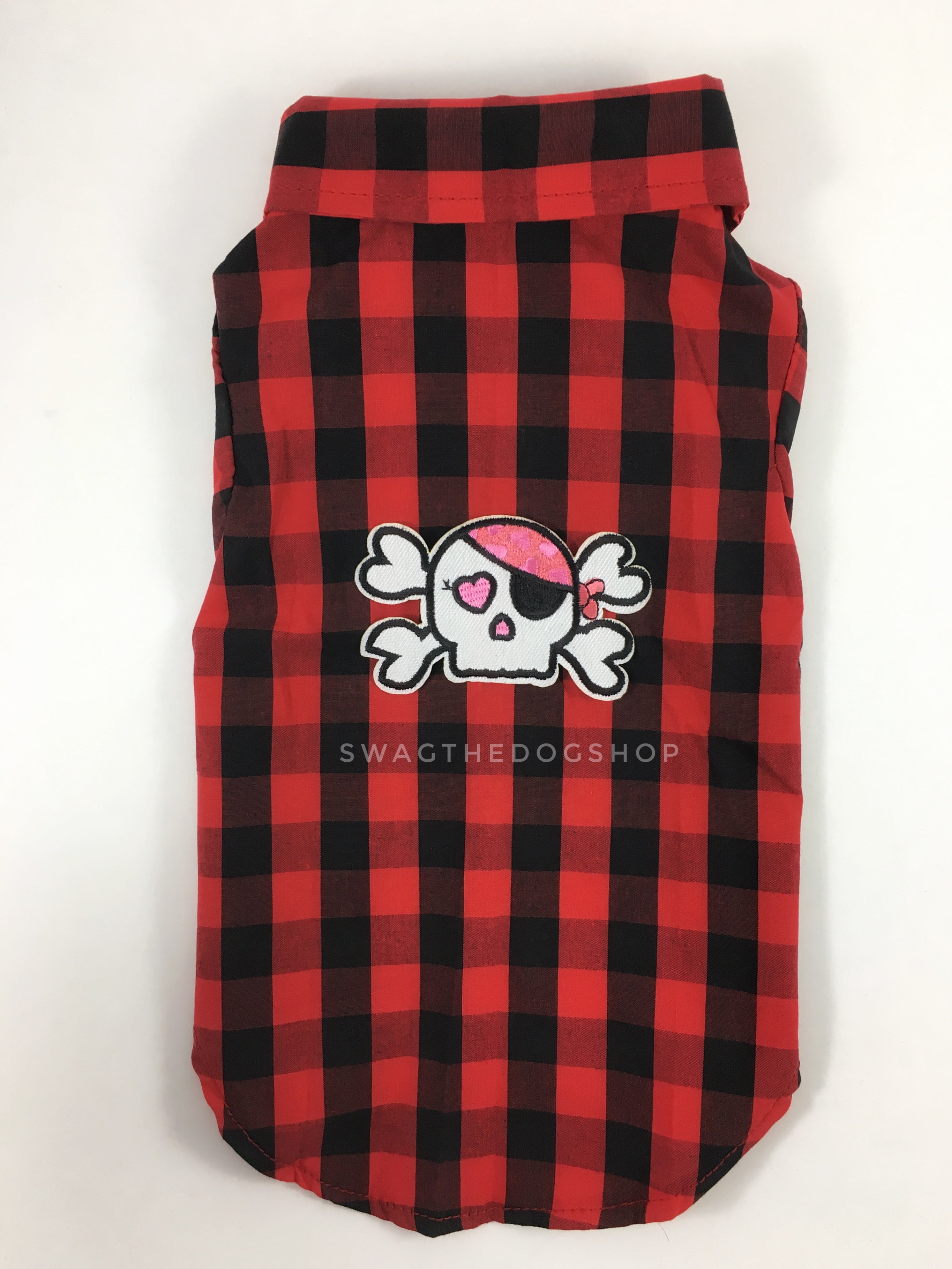 Kenora Summer Shirt - Patch Option of Badass Skull on the Back. Black and Red Checker Pattern Gingham Shirt