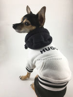 Parklife Black and White Sports Hoodie - Side and Back View of Cute Chihuahua Dog Wearing Hoodie with his Name printed on the Back. Black and White Sports Hoodie