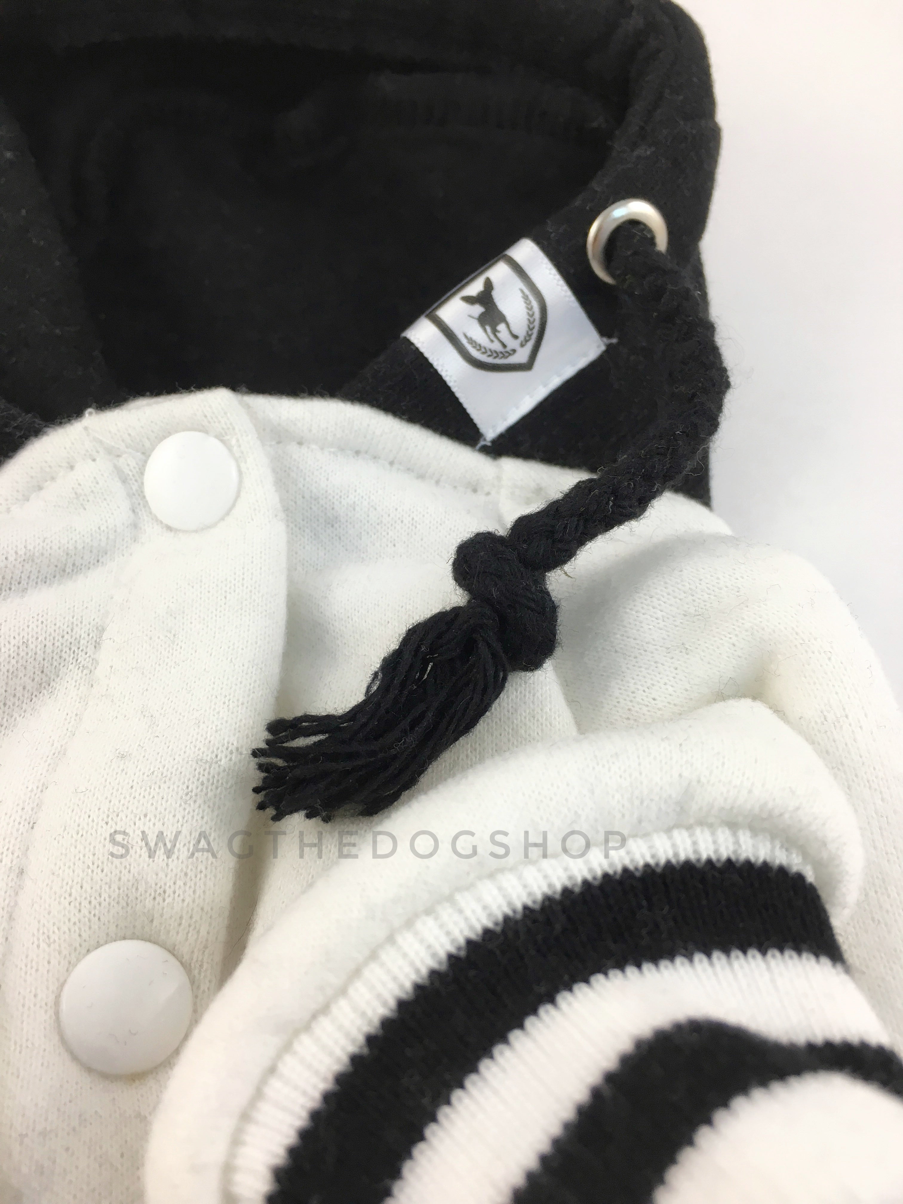 Parklife Black and White Sports Hoodie - Close Up View of Label and Hood. Black and White Sports Hoodie