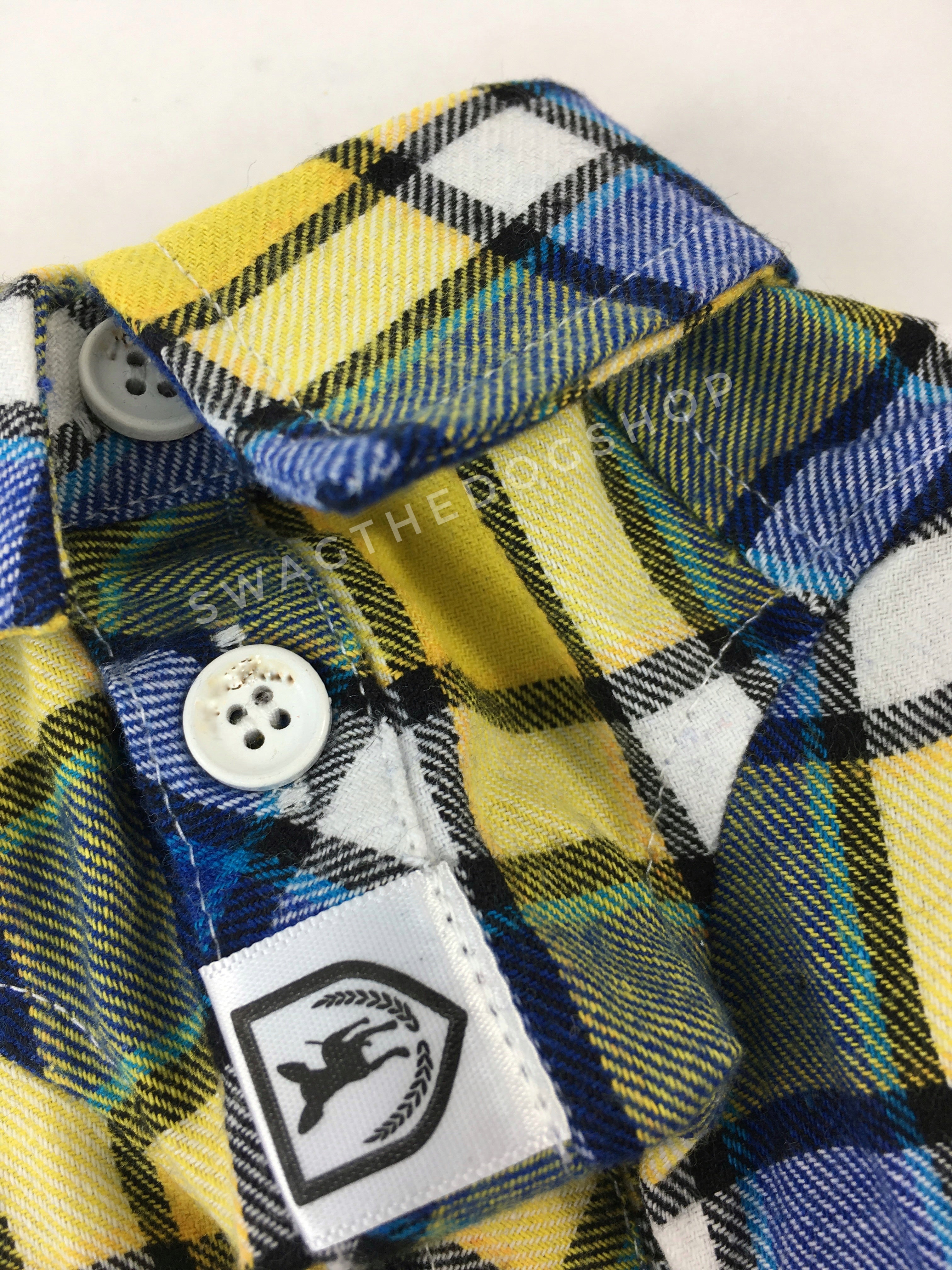 Royal Yellow Plaid Shirt - Close Up View of Label and Collar. Royal Blue and Yellow Plaid Shirt