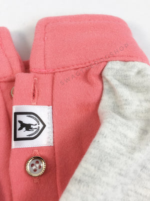 Surfside Salmon Pink Polo Shirt - Close Up View of Label and Collar. Salmon Pink with Light Gray Sleeves Polo Shirt