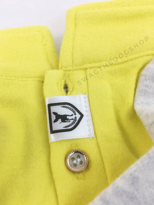 Surfside Lemon Yellow Polo Shirt - Close Up View of Label and Collar. Lemon Yellow with Light Gray Sleeves Polo Shirt