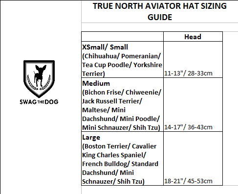 True North Aviator Hat Sizing Guide. Comes in XSmall/ Small, Medium, and Large.