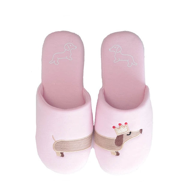 Pink Plush House Slippers with Dachshund wearing a crown embroidery on top.