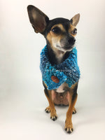 Blue Lagoon Swagsnood - Full Front View of Cute Chihuahua Dog Wearing Spectrum of Blue Color Dog Snood with Accent Button
