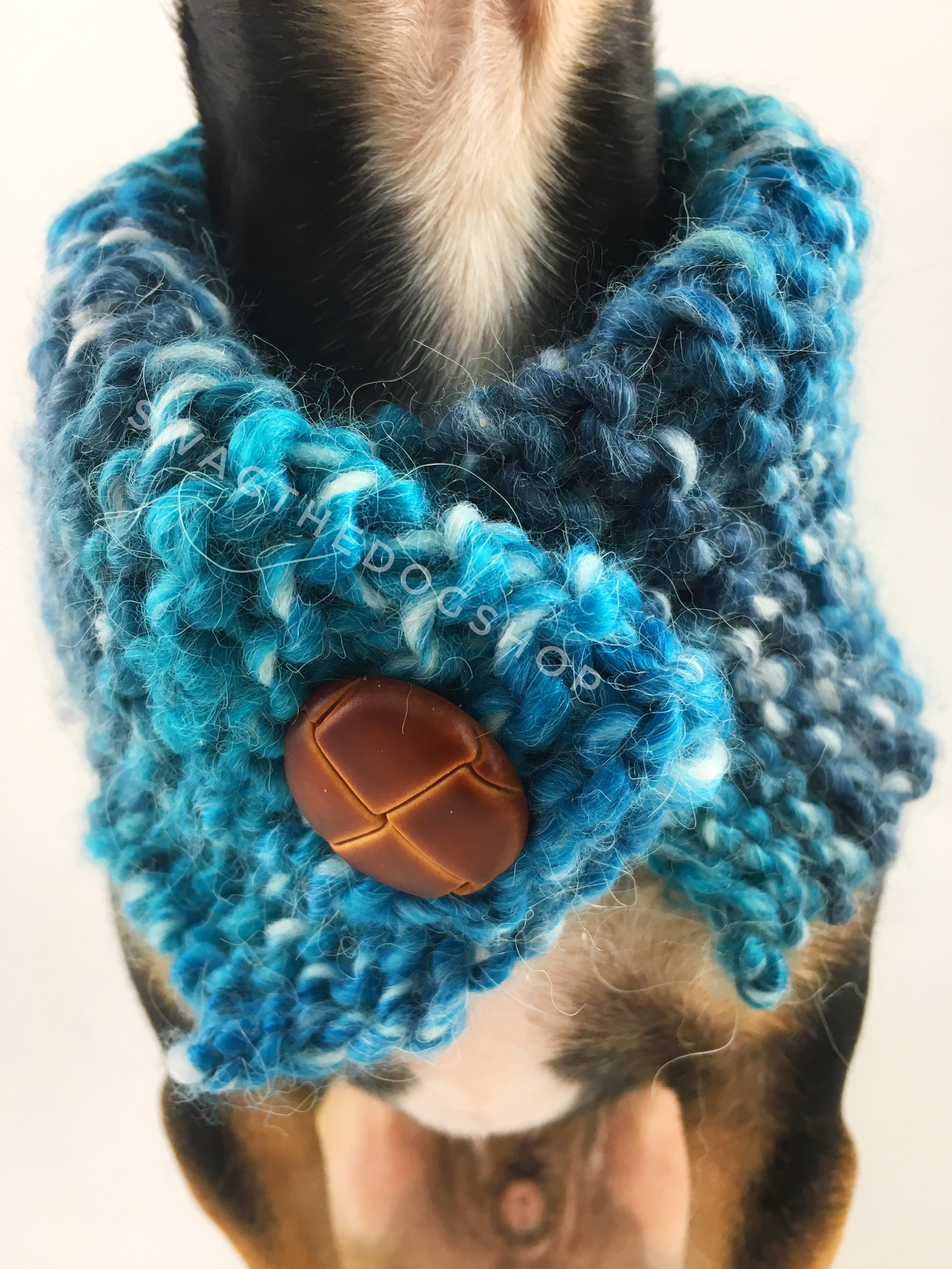 Blue Lagoon Swagsnood - Close Up Neck View of Cute Chihuahua Dog Wearing Spectrum of Blue Color Dog Snood with Accent Button