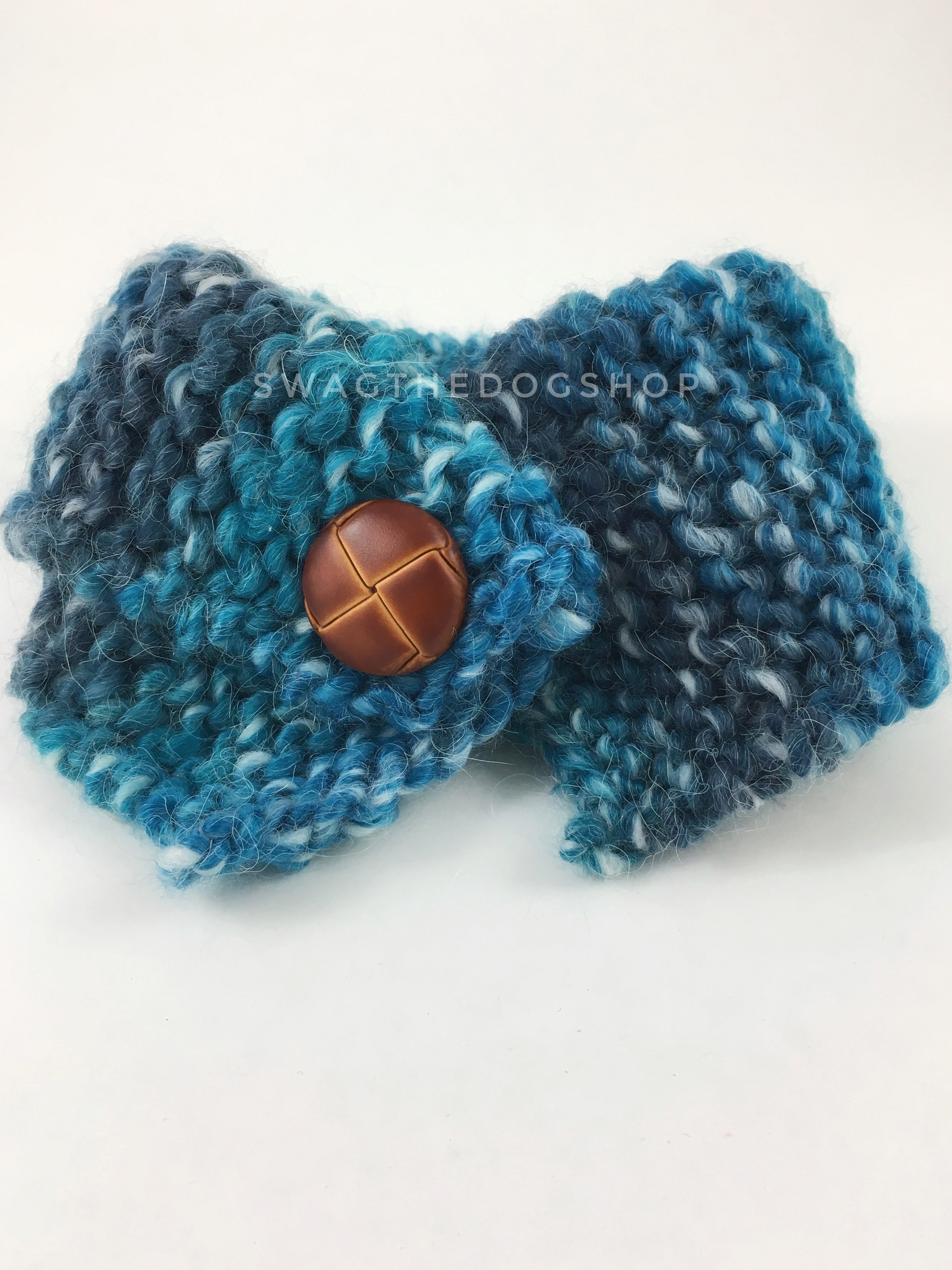 Blue Lagoon Swagsnood - Product Front View. Spectrum of Blue Color Dog Snood with Accent Button