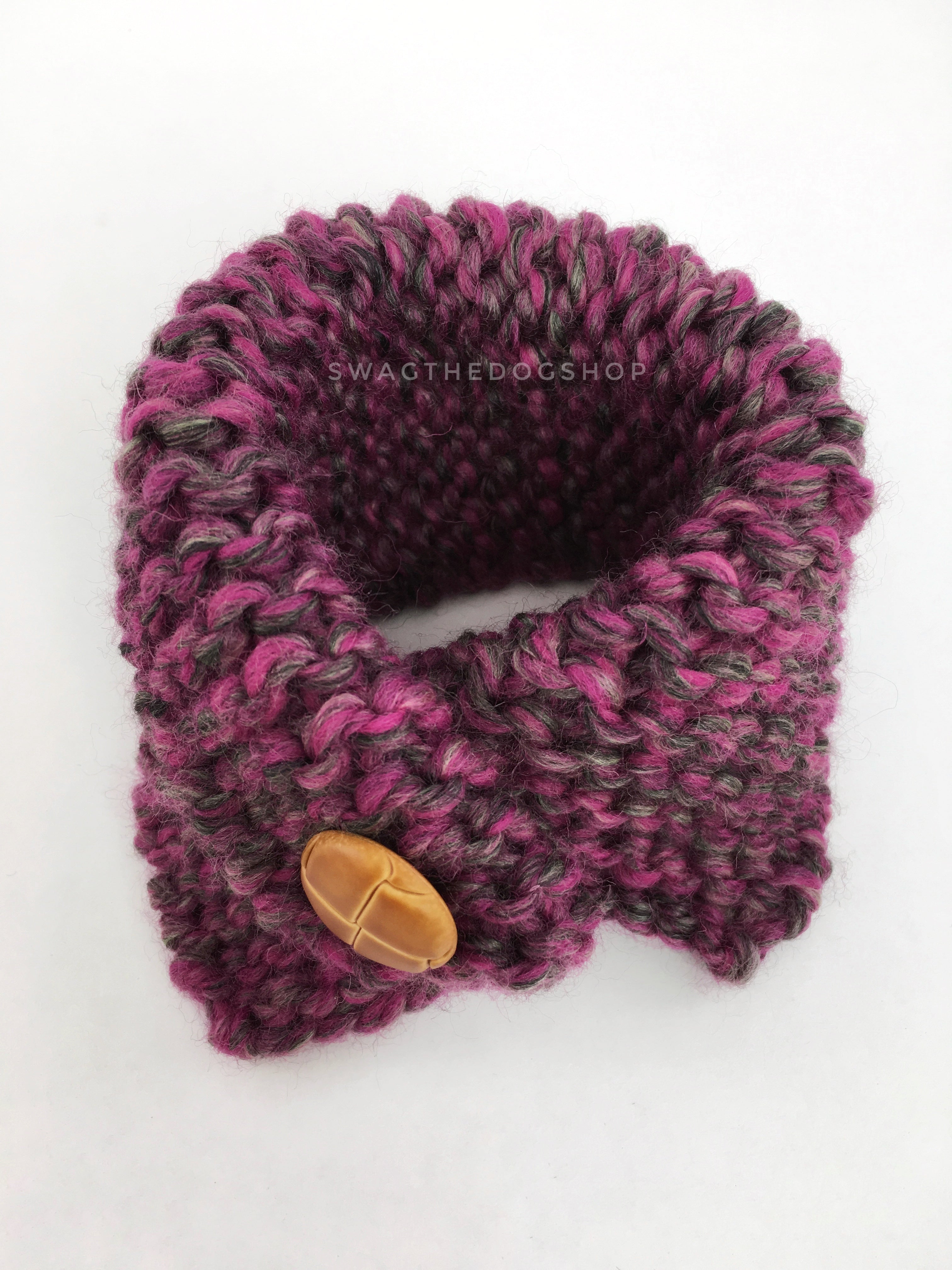 Berries Swagsnood - Product Above View. Pink Gray Mixed Color Dog Snood with Accent Button