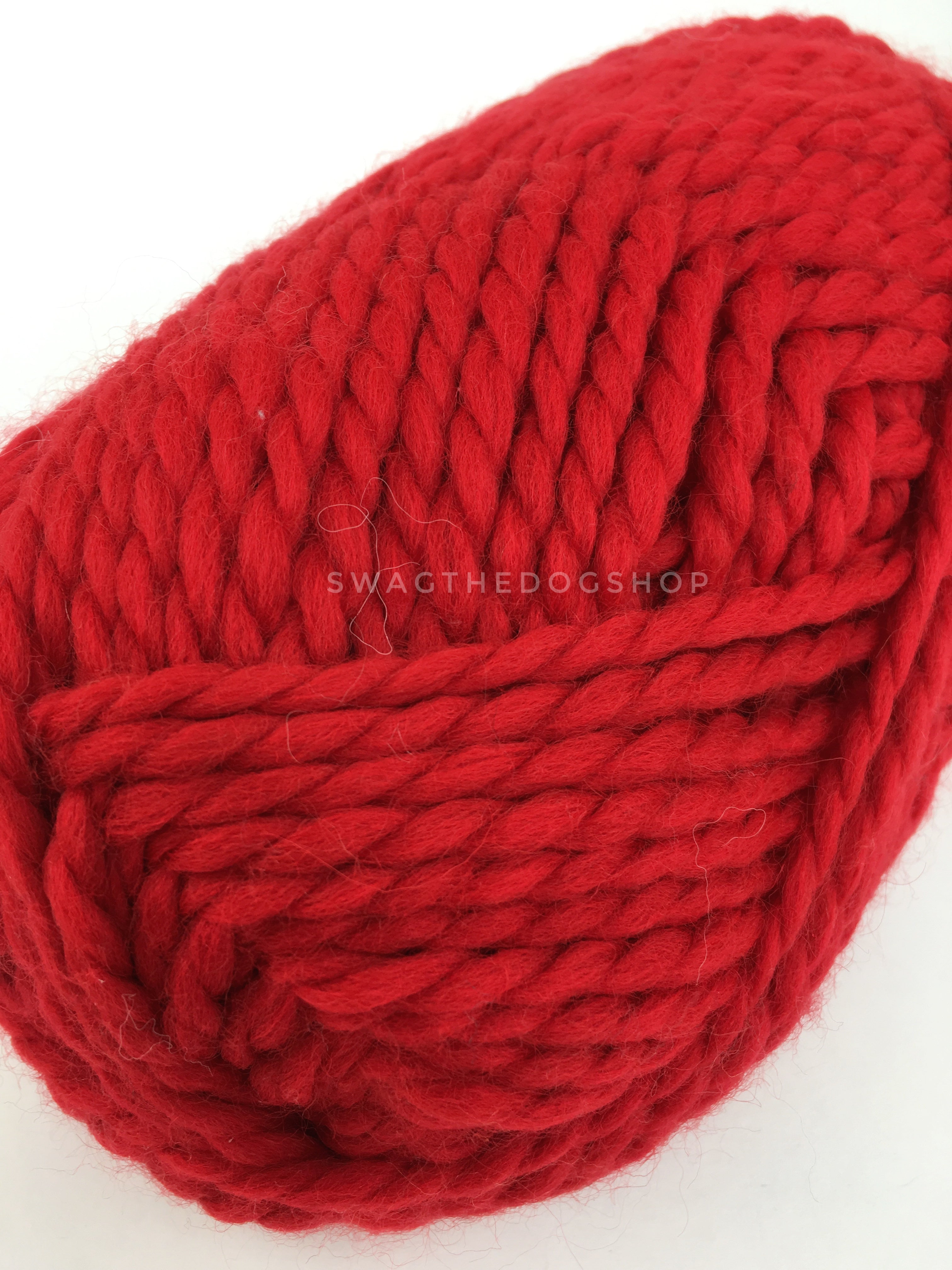 Christmas Red Swagsnood - Close Up View of Yarn. Bright Red Color Dog Snood with Accent Button