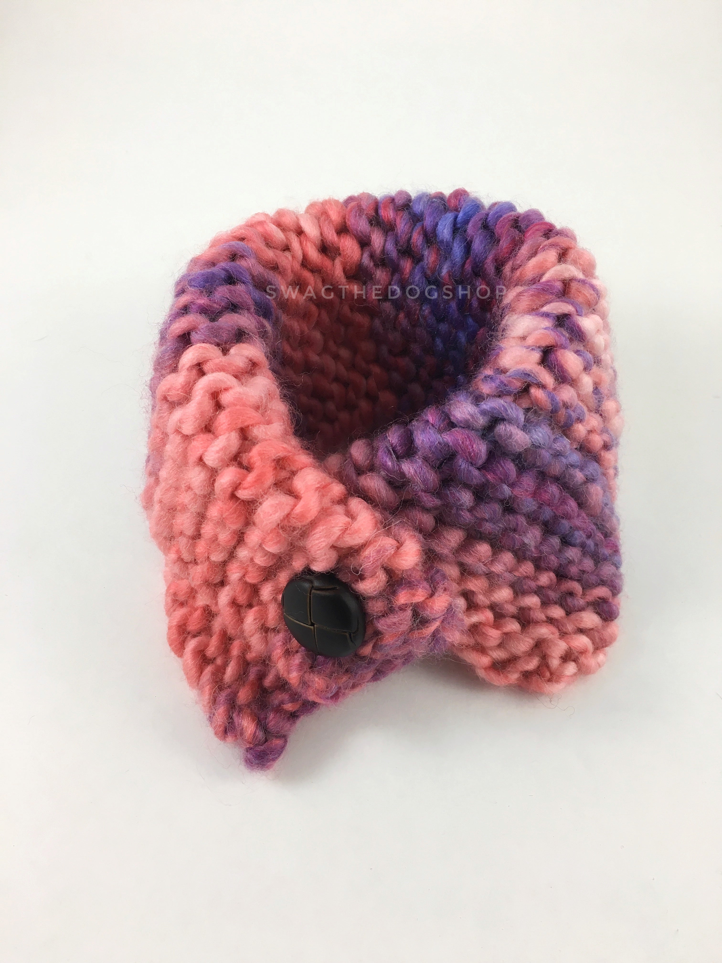 Cotton Candy Swagsnood - Product Above View. Mixed Color of Pink, Purple and Salmon Pink Dog Snood with Accent Button