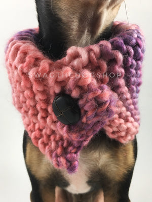 Cotton Candy Swagsnood - Close Up Neck View of Cute Chihuahua Dog Wearing Mixed Color of Pink, Purple and Salmon Pink Dog Snood with Accent Button