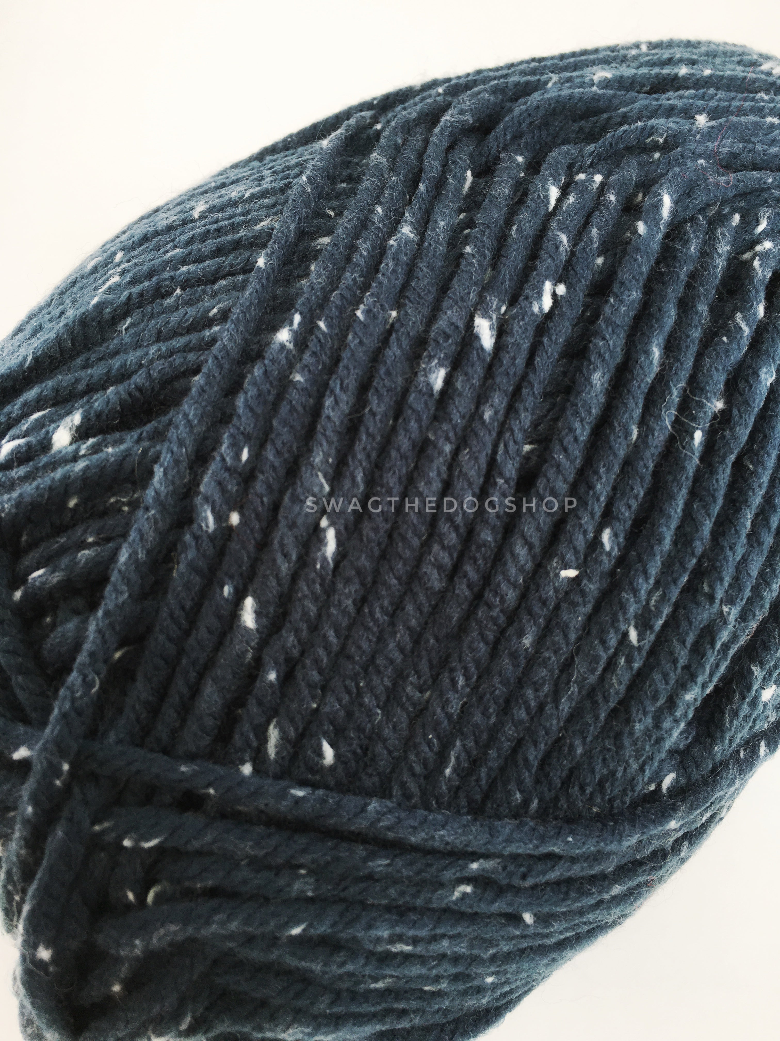 Denim Blue Tweed Swagsnood - Close Up View of Yarn. Dark Denim Color with White Speck Tweed Dog Snood with Accent Button