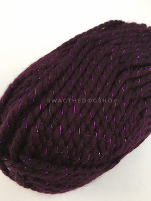 Galaxy Sparkle Swagsnood - Close Up View of Yarn. Dark Purple with Sparkle Thread Color Dog Snood with Accent Button