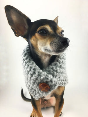 Heather Light Gray Swagsnood - Close Up View of Cute Chihuahua Dog Wearing Heather Grey Color Dog Snood with Accent Button