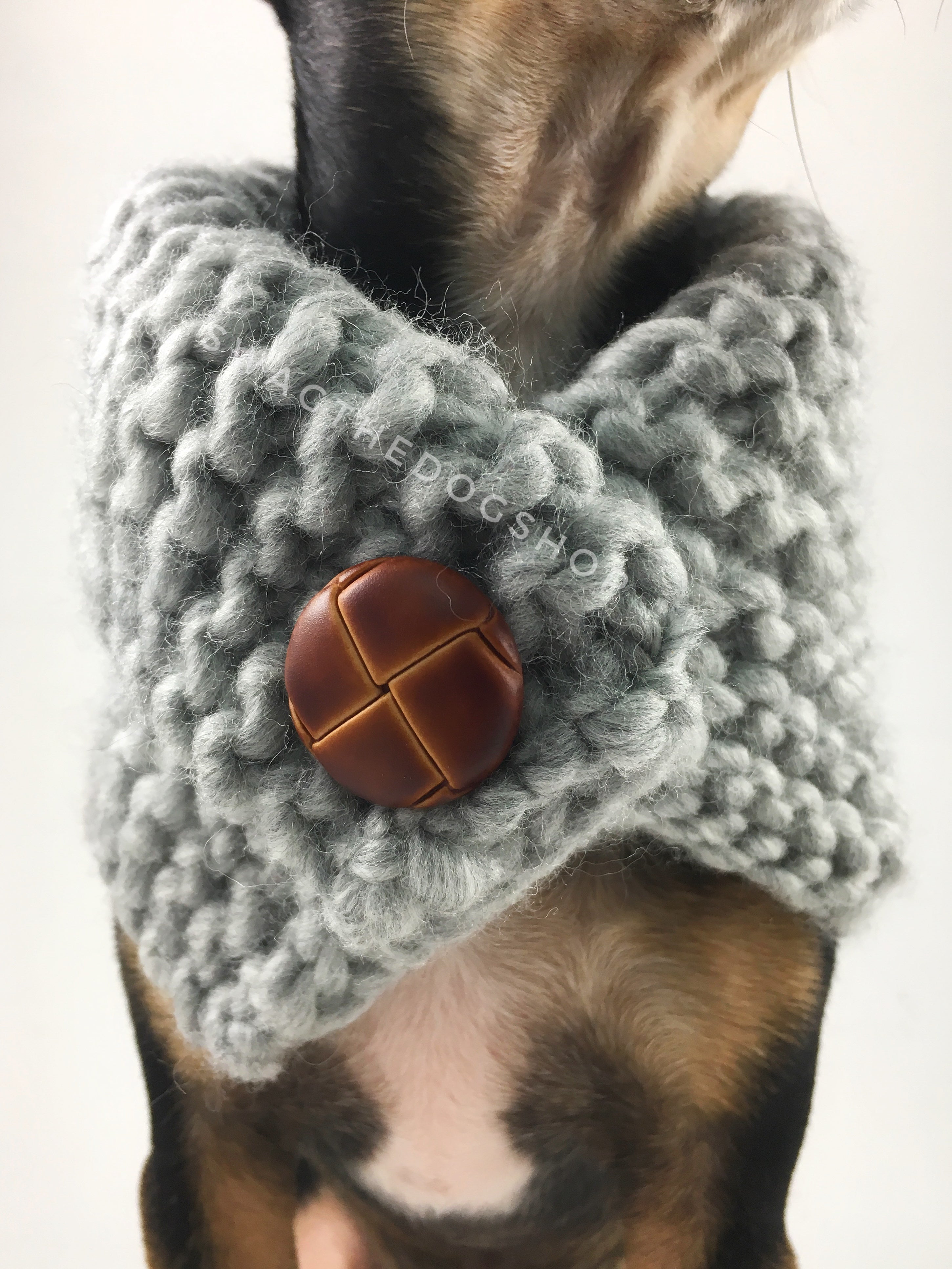 Heather Light Gray Swagsnood - Close Up Neck View of Cute Chihuahua Dog Wearing Heather Light Gray Color Dog Snood with Accent Button