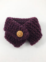 Plum Swagsnood - Product Front View. Plum Color Dog Snood with Accent Button