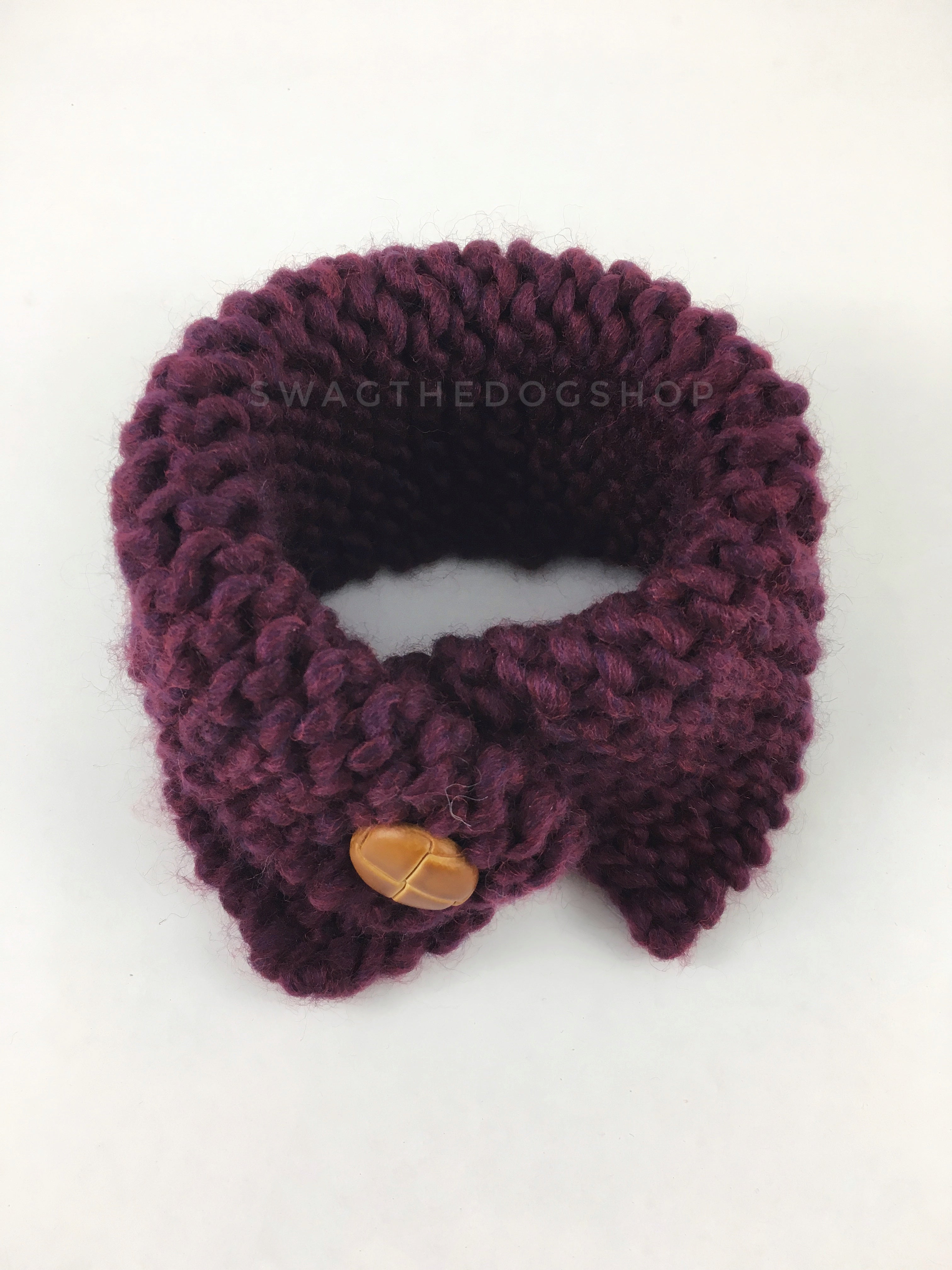 Plum Swagsnood - Product Above View. Plum Color Dog Snood with Accent Button