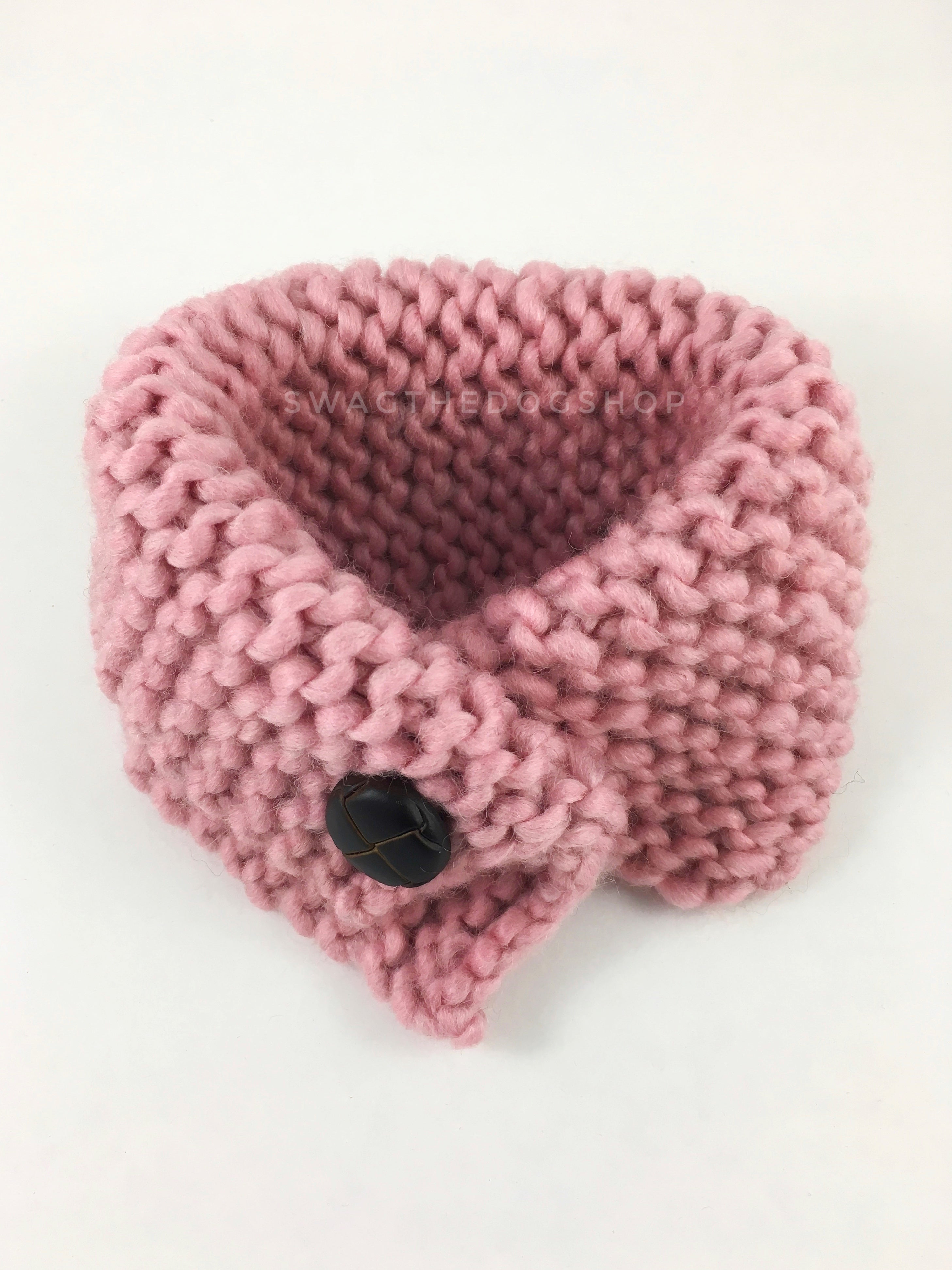 Rosewater Swagsnood - Product Above View. Dusty Rose Pink Color Dog Snood with Accent Button
