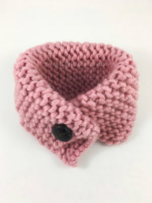 Rosewater Swagsnood - Product Above View. Dusty Rose Pink Color Dog Snood with Accent Button