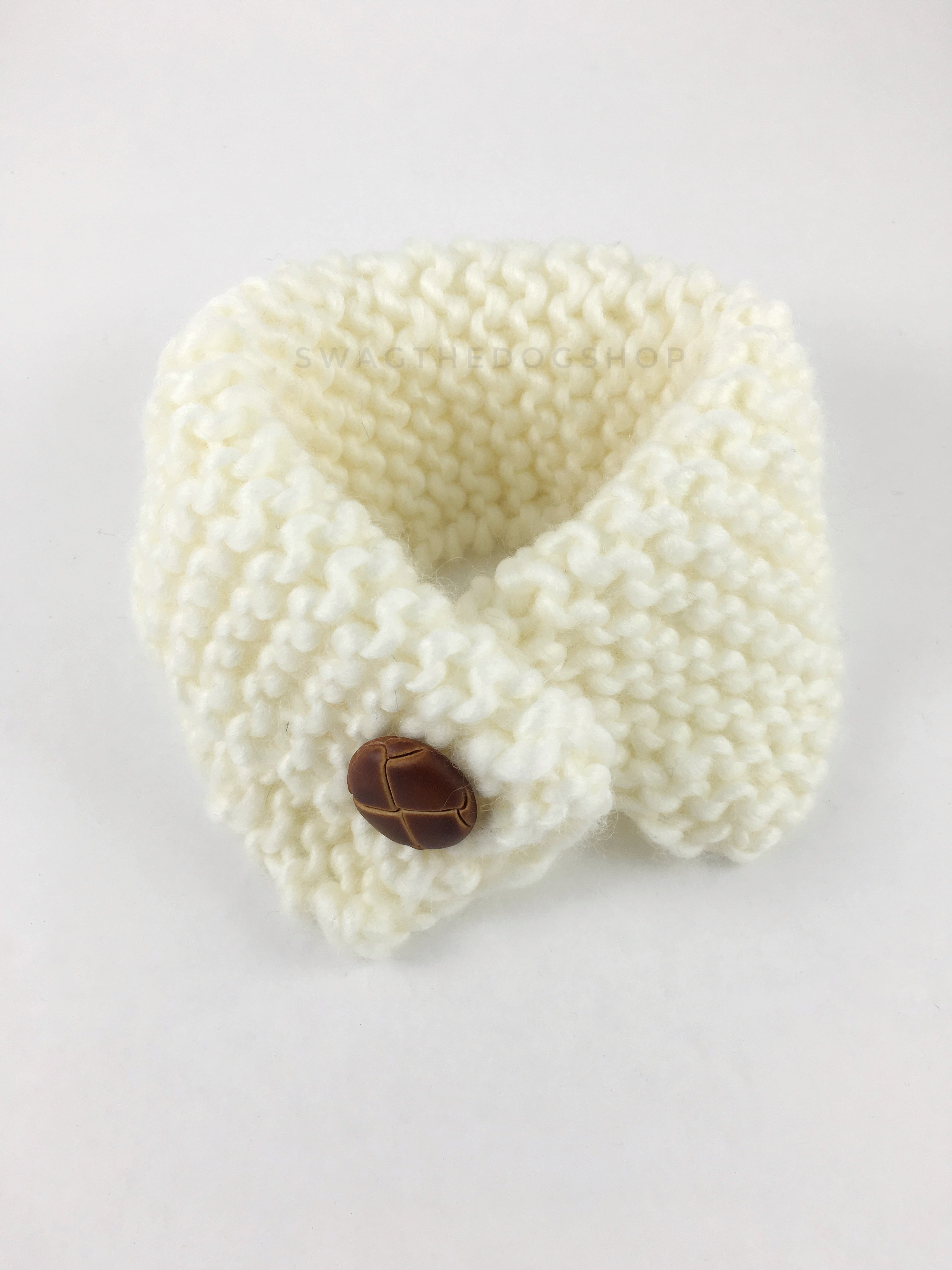 Winter Cream Swagsnood - Product Above View. Winter Cream Color Dog Snood with Accent Button
